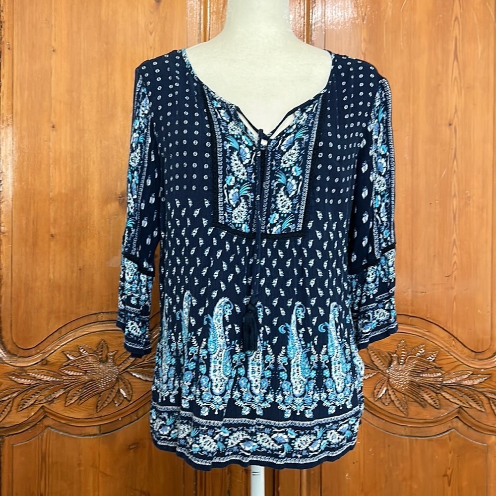 Bila Peasant Top with Tassle Neckline and Bell Sleeve